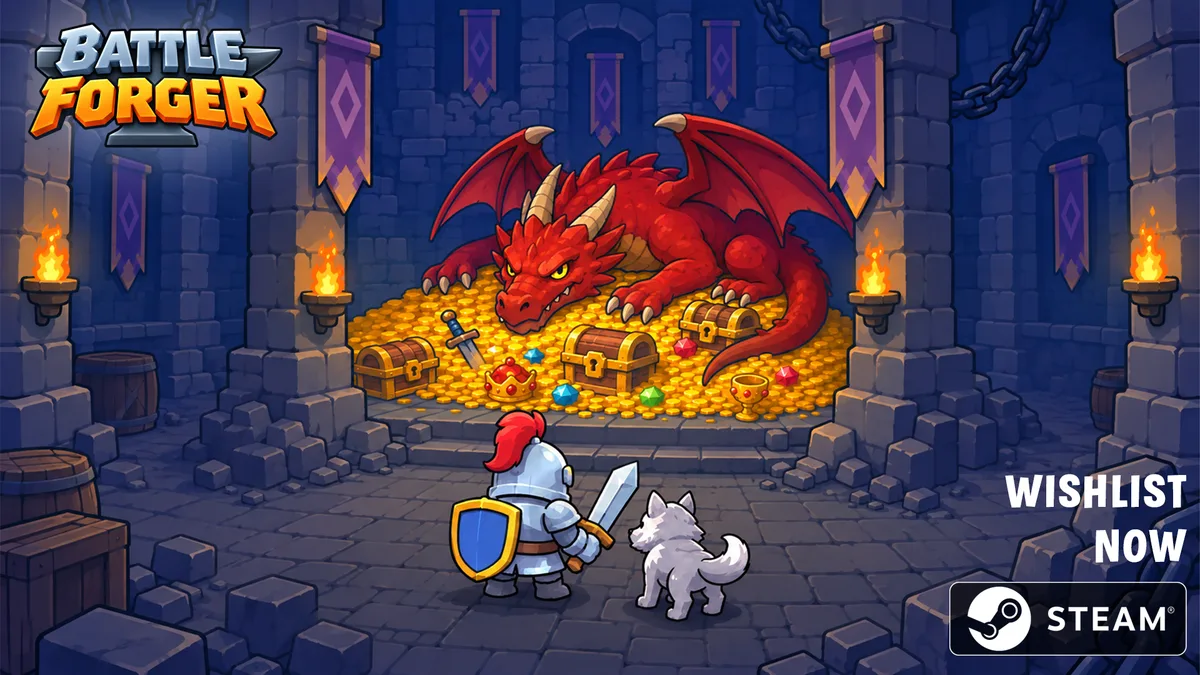 A knight and his dog facing a red dragon on a pile of gold