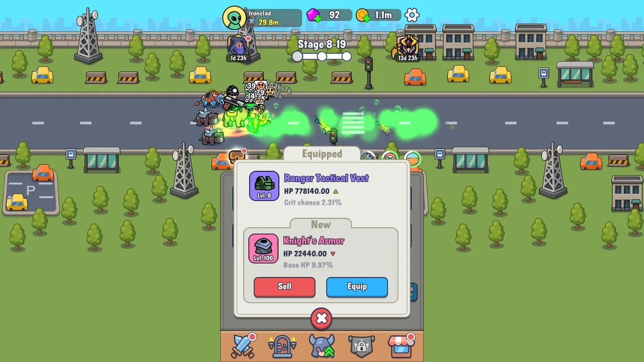 Battle Forger gameplay — hero fighting a wave with equipped gear